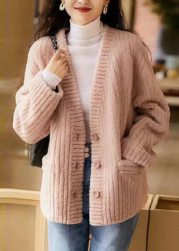 Simple And Color Natural Pink V Neck Pockets Patchwork Wool Coat Winter