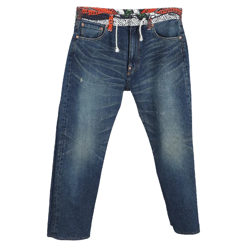 Sports Functional Style Junya Watanabe x Comme Des Garçons Printed Waist Straight-Cut Jeans in Blue Cotton Denim