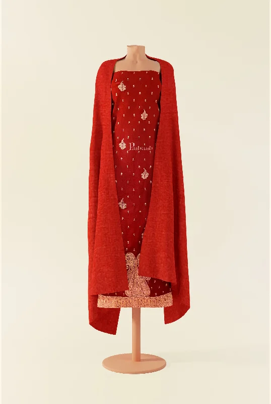 Elegant Interpretation Design Pashtush Unstitched Kashmiri Embroidery Suit with shawl, Fine Wool, Soft and Warm, Red