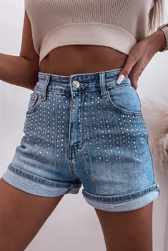 Simple Versatile Style Rhinestone High Waist Denim Shorts