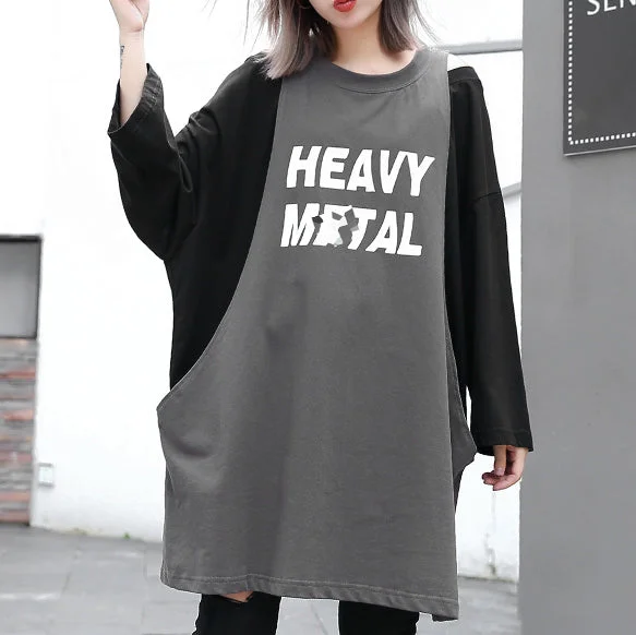 Simple Fresh Feeling stylish gray cotton blended blouse oversized O neck holiday tops fine patchwork Fake two pieces cotton blended blouses