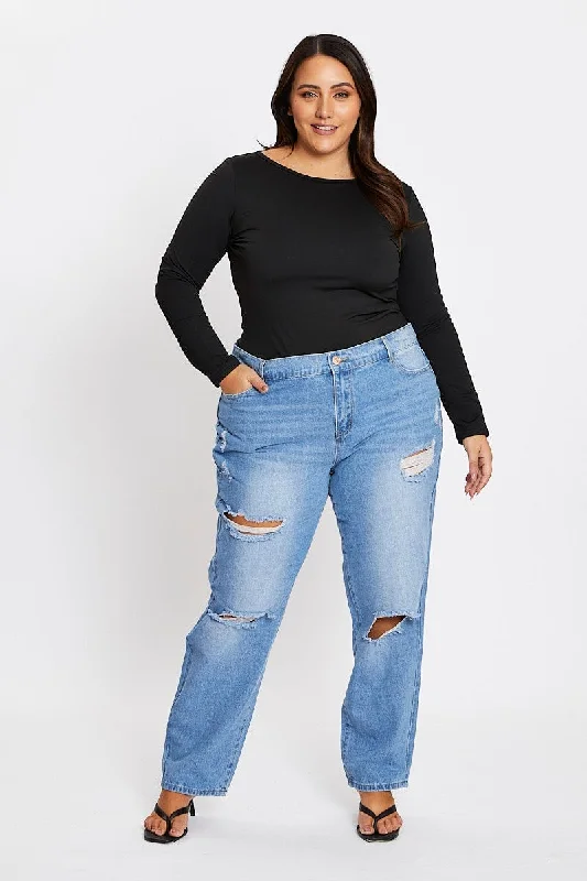 Rock Style Blue High Rise Boyfriend Denim Jeans