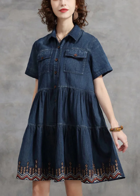 Simple Versatile Style Beautiful Denim Blue Peter Pan Collar Embroideried Cotton Shirt Dress Short Sleeve