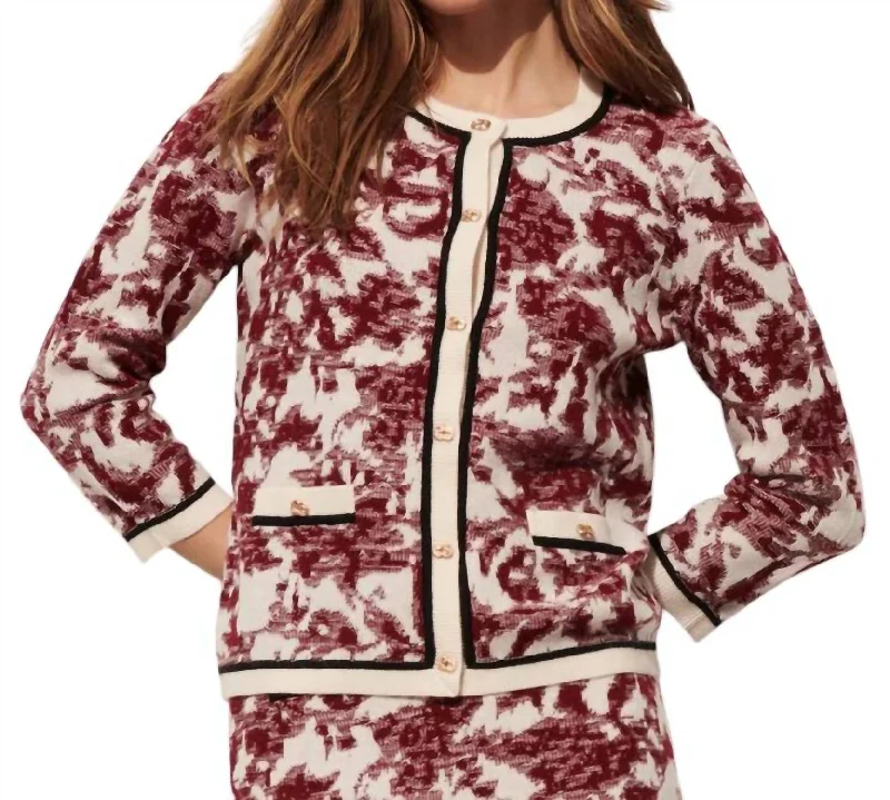 Rock Zipper Style Jessica Cardigan Sweater In Zinfandel Red Ikat