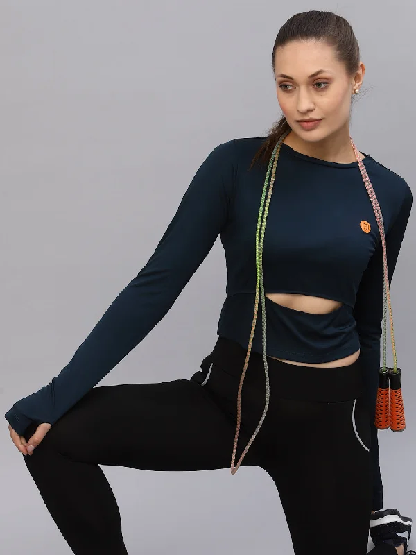 Rock Short Design Blue Cut-Out Waist Round Neck Full Sleeve Activewear Crop Top