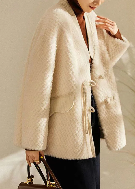 Sports Comfort Style Women Beige Tasseled Chinese Button Patchwork Wool Coats Winter