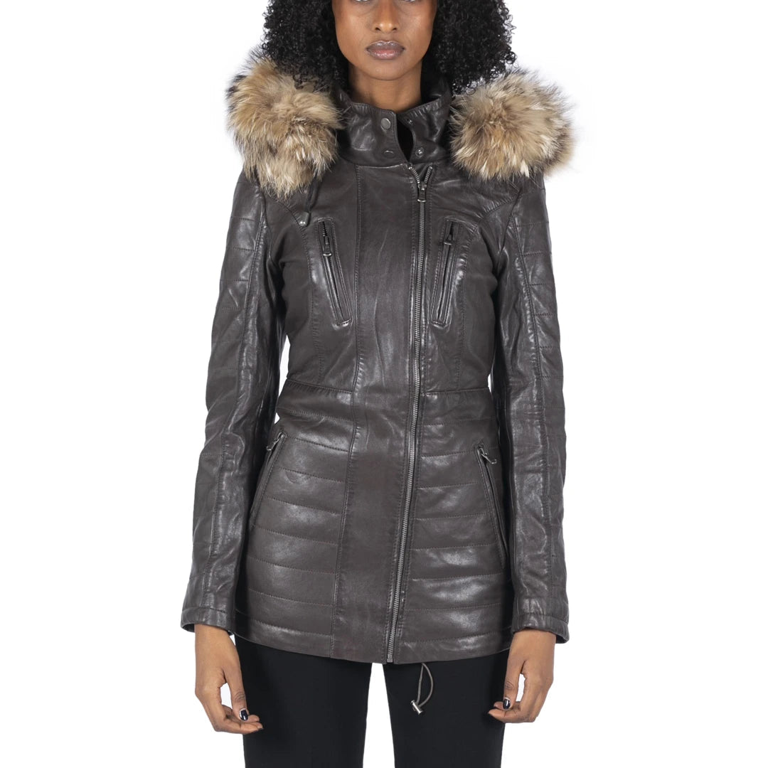 Romantic Wave Skirt Women's Leather Parka Jacket 3/4 Fur Hood Zipped Brown Tan Grey