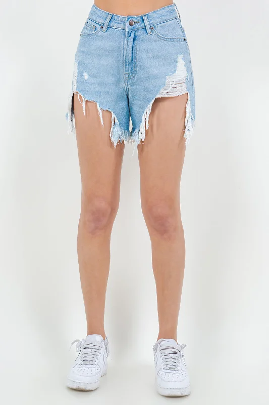 Rock Detail Design High Waist Fringed Hem Denim Shorts