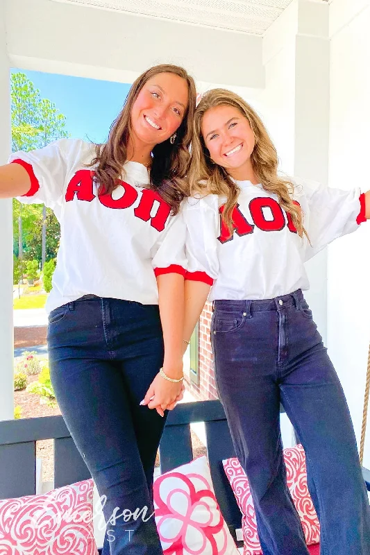 Rock Ripped Design Alpha Omicron Pi Red and White Stitched Letter Jersey