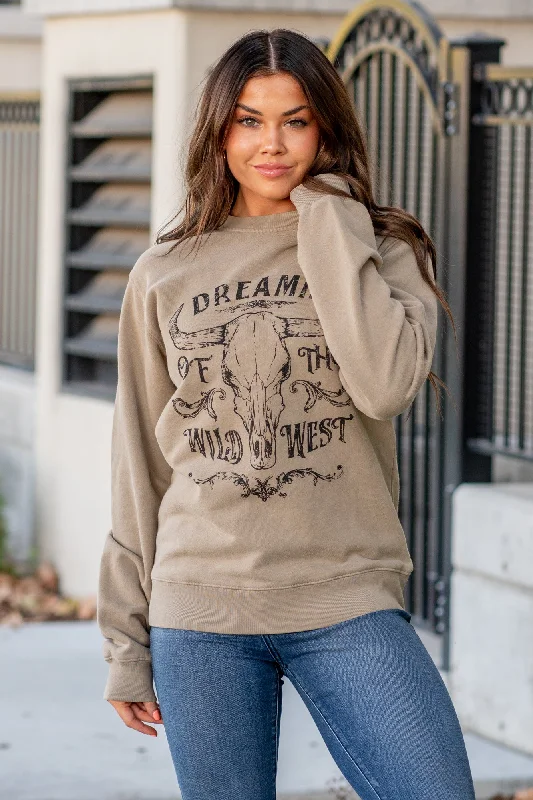 Gorgeous Embroidery Vintage Dreamin of The Wild West Graphic Cozy Pull Over Sweater - Mocha