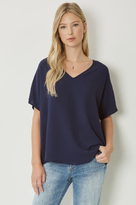 Casual Version Solid V-Neck Top, Navy