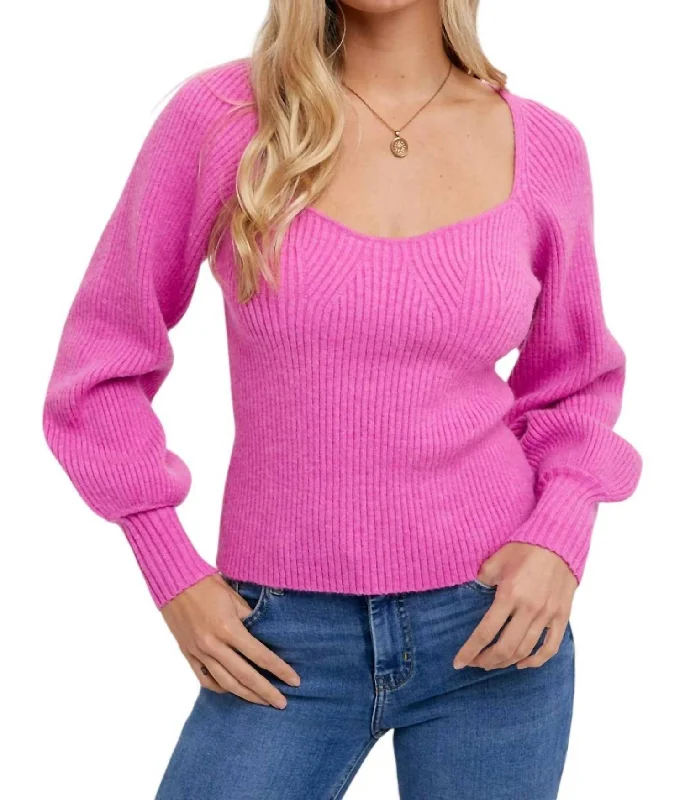 Rock Rivet Design Sweetheart Neck Sweater In Hot Pink