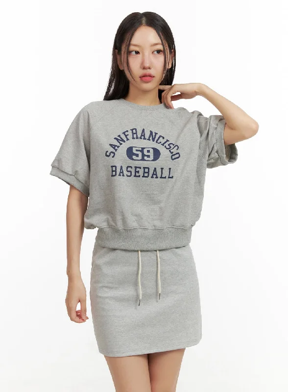 Elegant Lapel Style Graphic Short Sleeve Sweatshirt OU407