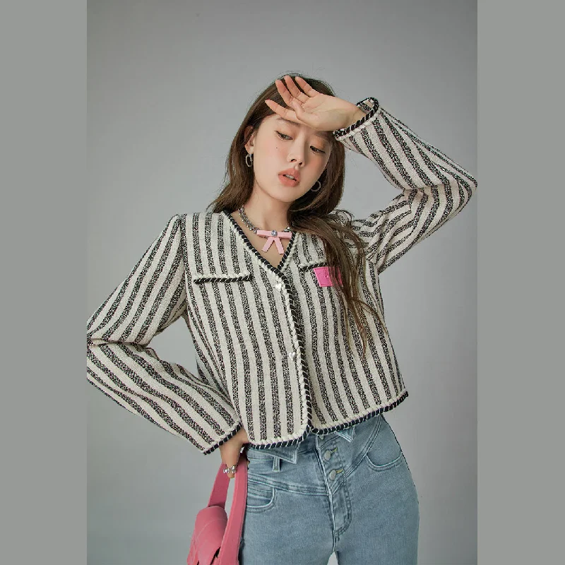 Elegant And Intellectual Style Cupcake Striped V-Neck Jacket