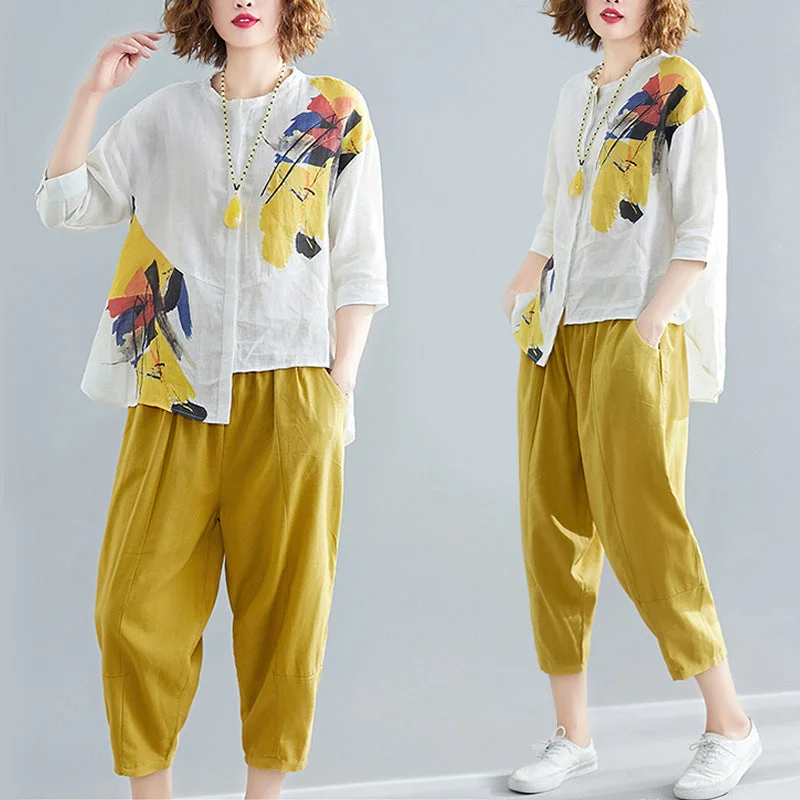 Simple Cotton Style Women Chiffon Irregular Shirts and Harem Pants Summer Outfits