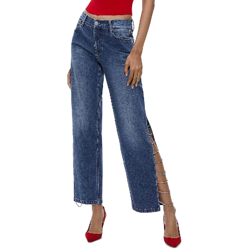 Elegant Feminine Style Alice and Olivia Womens Denim Jeweled Straight Leg Jeans