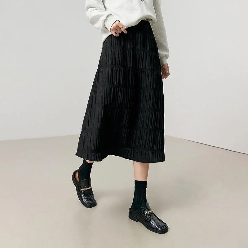 Simple Versatile Style High-Waist A-Line Pleated Midi Skirt for Women