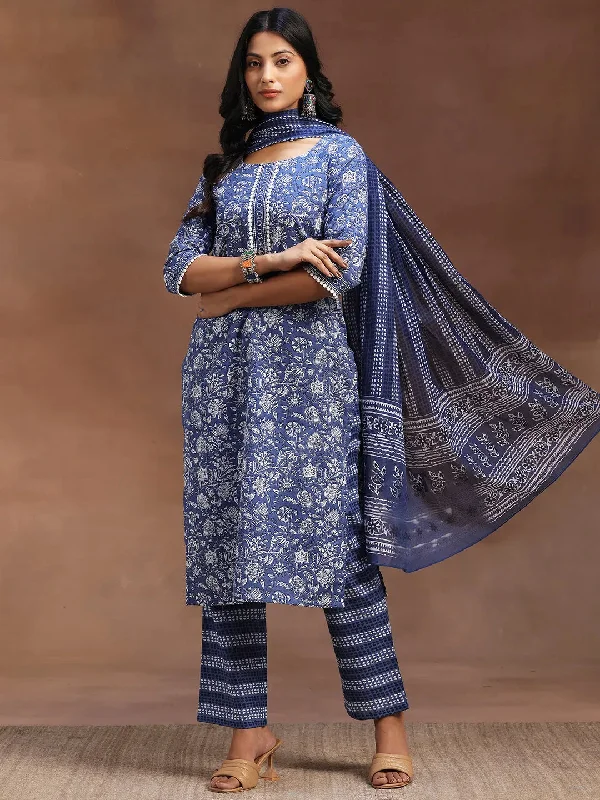 Gorgeous Embroidery Blue Printed Cotton Straight Suit With Dupatta