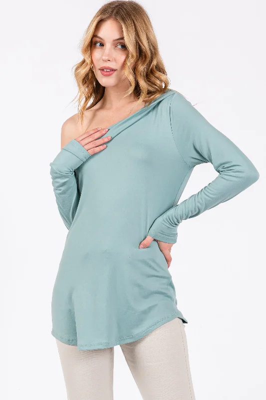 Simple Fashion Mint Long Sleeve Off Shoulder Top