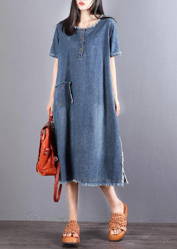 Sports Jacket Style Blue O-Neck Tassel Pocket Side Open Cotton Vacation Denim Dresses Short Sleeve