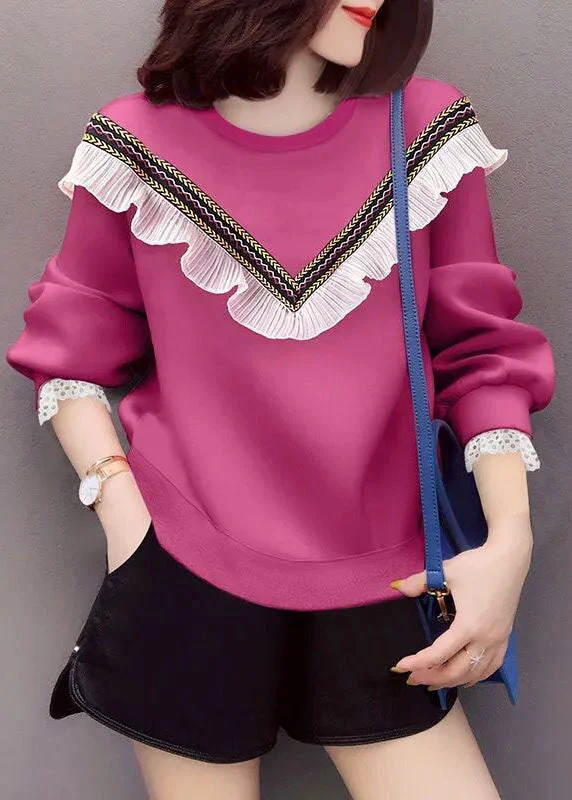 Elegant Lace Style Style Rose O-Neck Ruffled Casual Fall Loose Sweatshirts Top