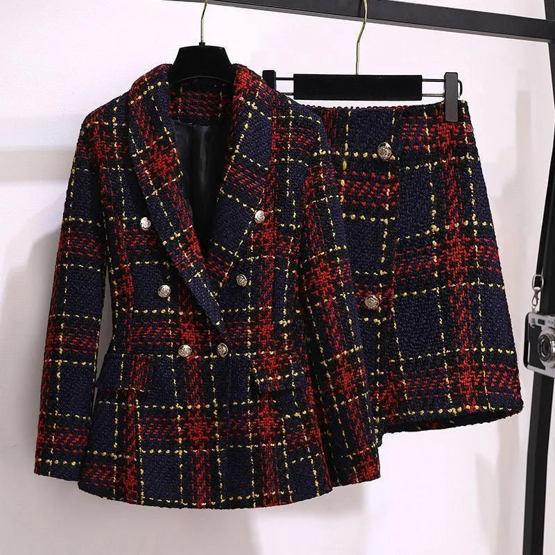 Elegant Lapel Style Red Plaid Tweed Skirt Suit