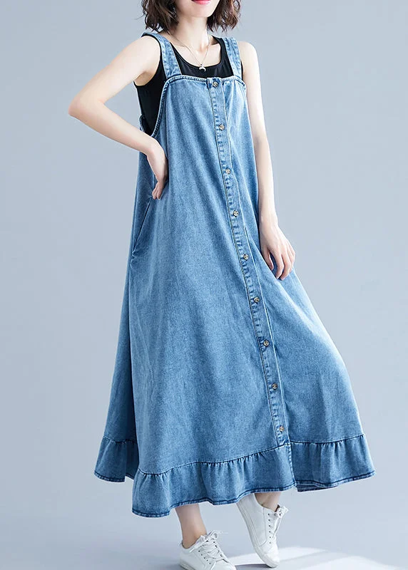 Gorgeous Process Design French Blue Ruffles Button Cotton Denim Strap Dress Summer