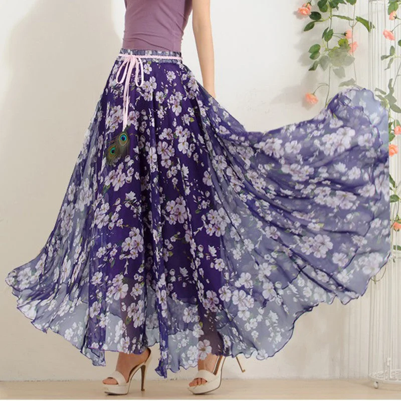 Sports Suit Style Elegant Fancy Flower Print Skirt Long Women Fashion Peacock Feather Elastic Waist Ultra-long Big Bottom Full Chiffon Skirt