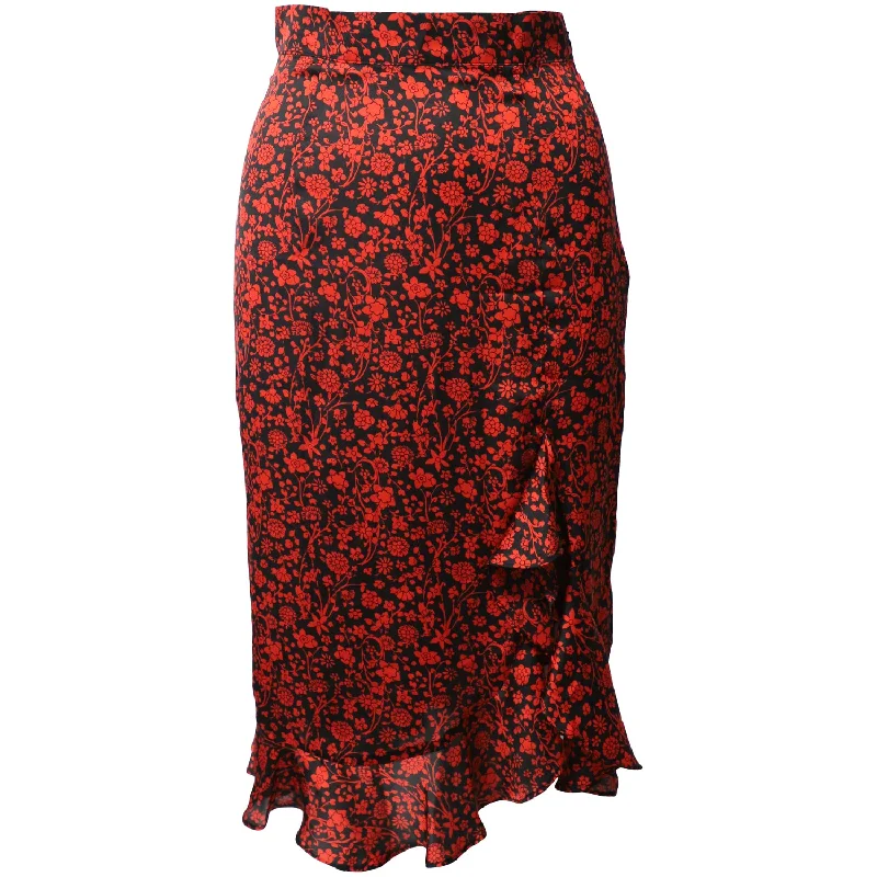 Sports Zipper Style Maje Floral Asymmetric Drape Skirt in Red Silk