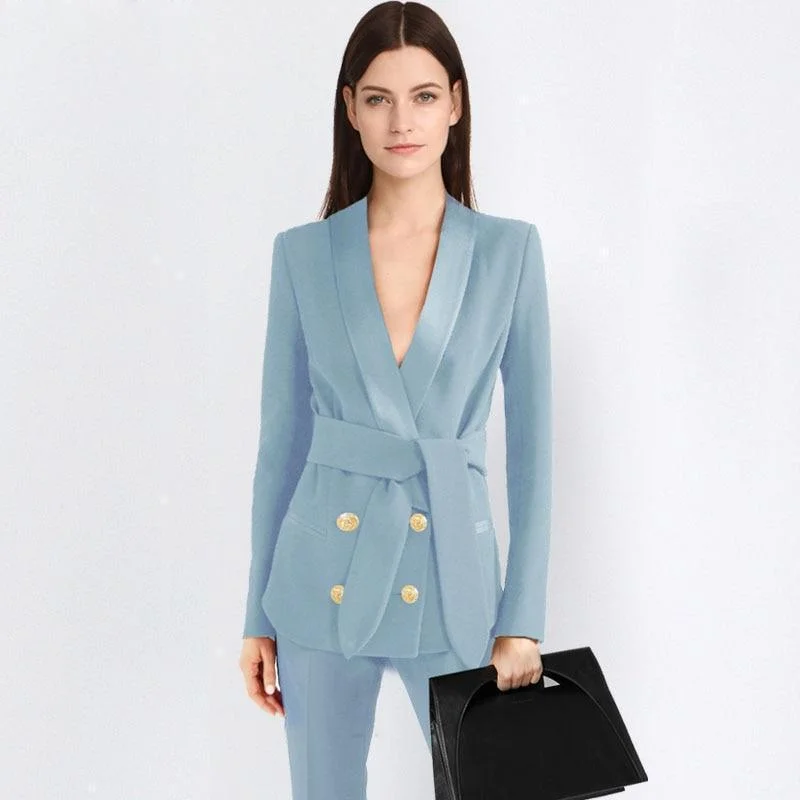 Simple Design Skirt Double Breast Women Pant Suit