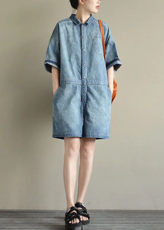 Rock Punk Style Italian Denim Blue Button Peter Pan Collar Pocket Cotton Jumpsuits Summer