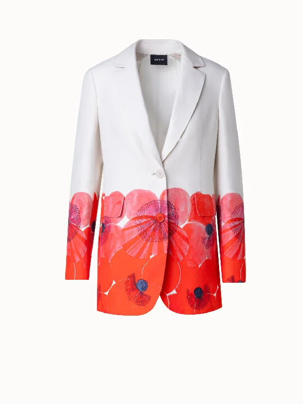 Casual Fit Style Long Cotton Silk Double-Face Jacket with Poppy Print