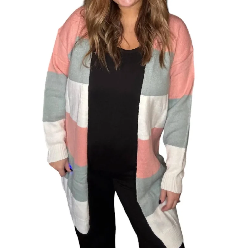 Rock Ripped Design Colorblock Stripe Open-Front Cardigan In Green Multi