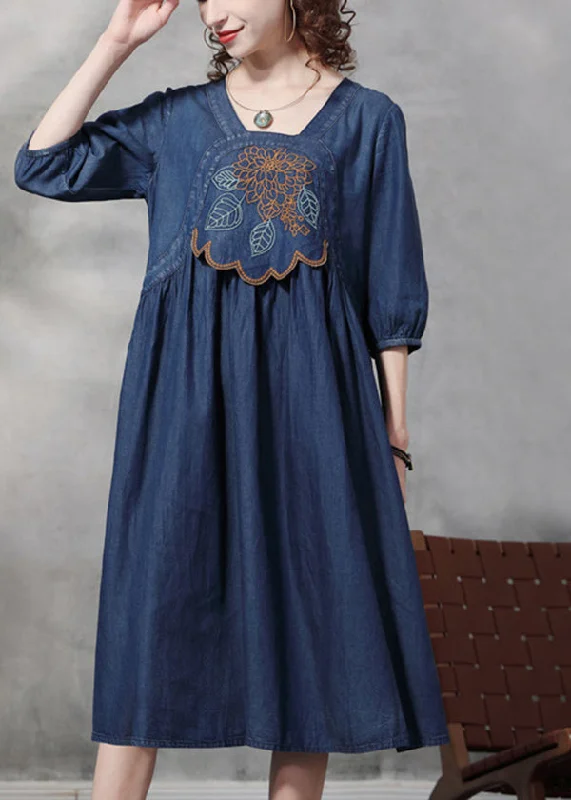 Simple Daily Wear Modern Blue Square Collar Embroideried Cotton Denim Dresses Half Sleeve