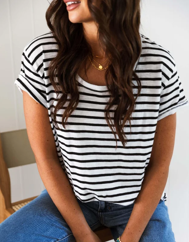 Simple Cotton Style Original Round Neck T-Shirt - Black/White Stripe