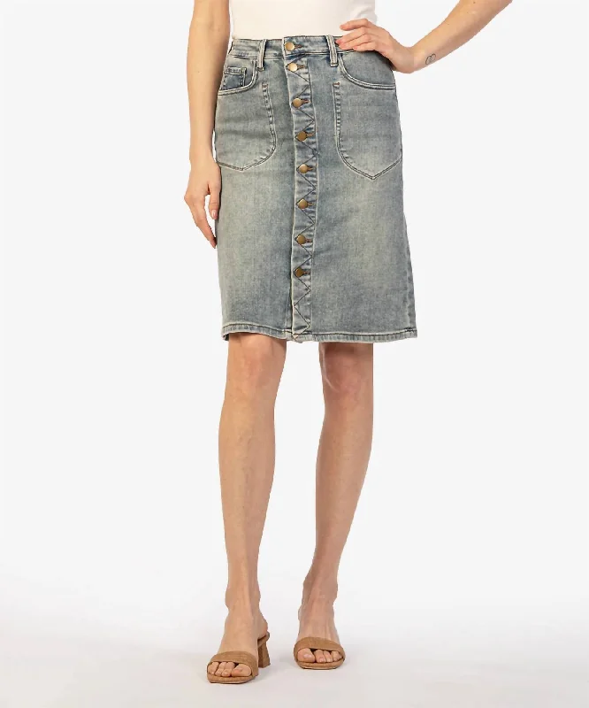 Rock Leather Style Rose Button Front Denim Skirt In 89% Cotton, 10% Polyester, 1% Spandex