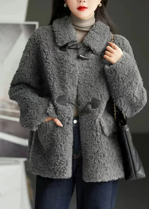 Simple And Color Modern Grey Peter Pan Collar Pockets Patchwork Wool Coats Winter