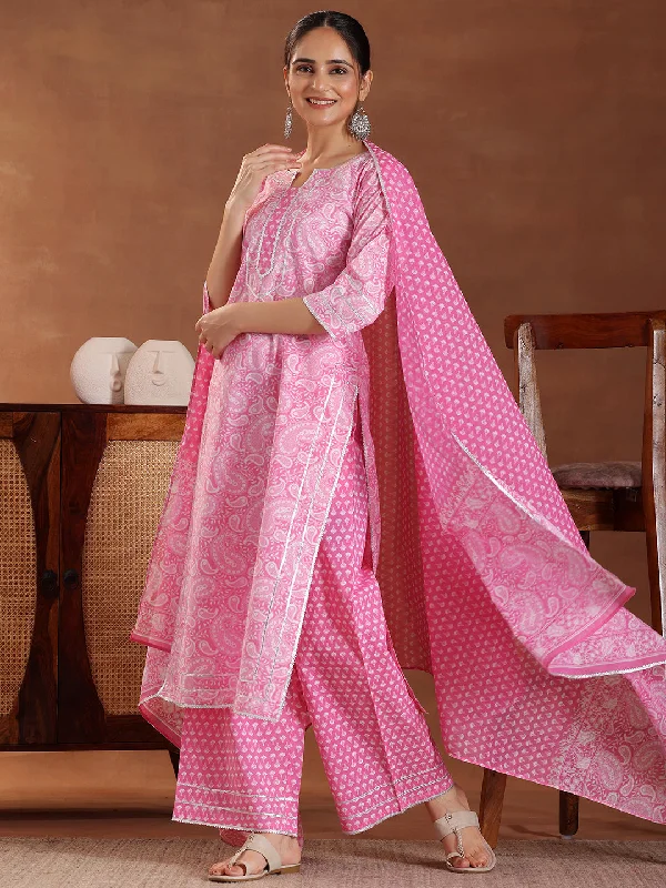 Casual Comfort Pink Printed Cotton Straight Suit With Dupatta