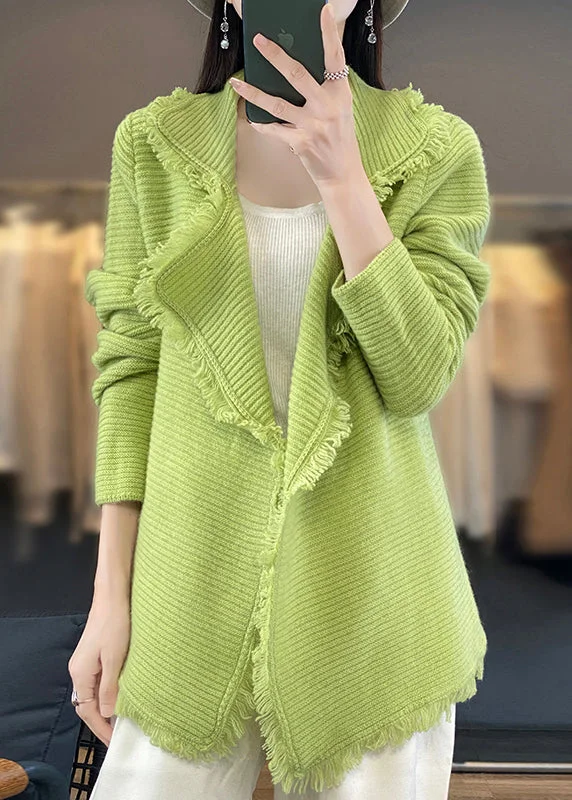 Sports Suit Style Simple Green Peter Pan Collar Tasseled Patchwork Wool Cardigan Fall