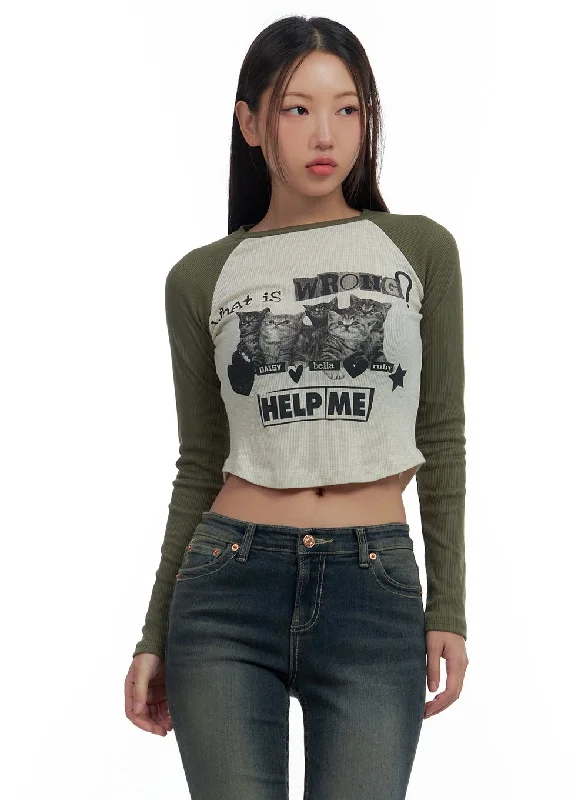 Elegant Interpretation Design Graphic Raglan Cotton Crop Top CS424