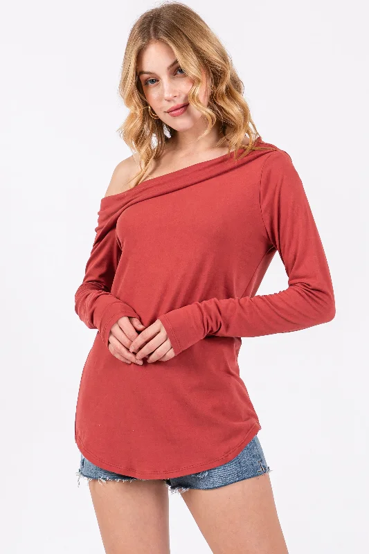 Elegant And Noble Style Rust Long Sleeve Off Shoulder Top