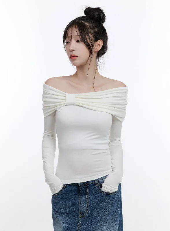 Casual Comfort Shirred Off-Shoulder Solid T-Shirt CO419