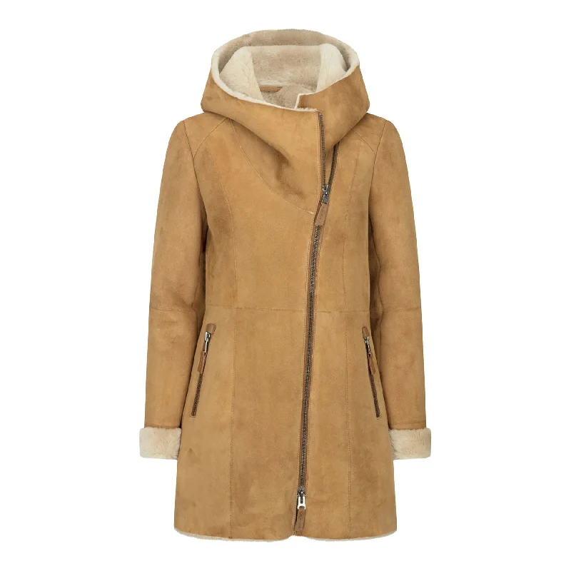 Sports Fitness Style Women's 3/4 Mid Length Sheepskin Camel Cream Toscana Suede Hood Coat