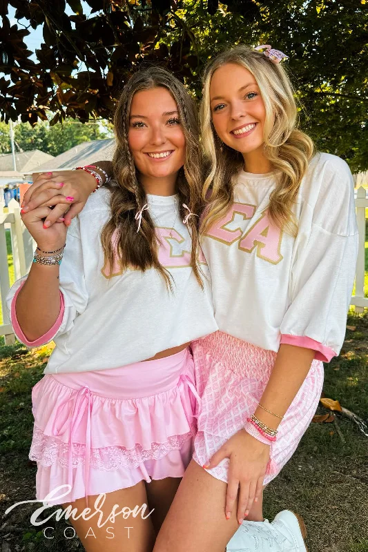 Gorgeous Feather Design Alpha Sigma Alpha Pink and Gold Custom Letter Jerseys