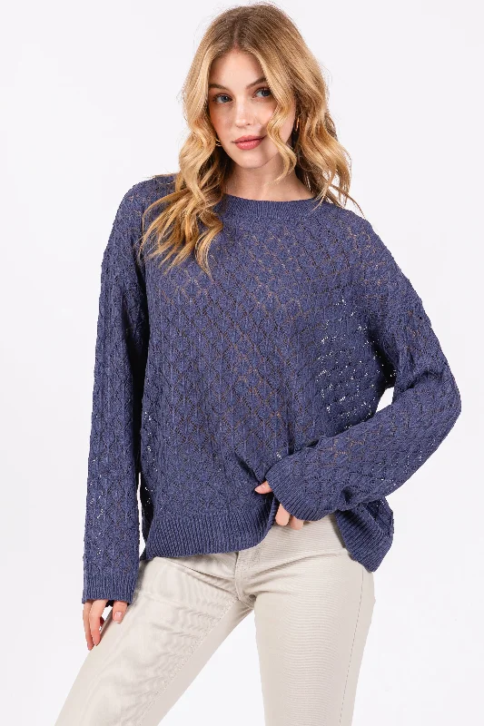 Elegant Temperament Navy Diamond Open Knit Top