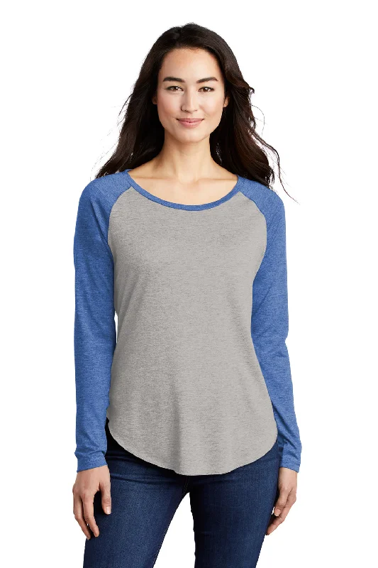 Casual Denim Style Sport-Tek Womens Moisture Wicking Long Sleeve Scoop Neck T-Shirt - Heather Light Grey/Heather True Royal Blue