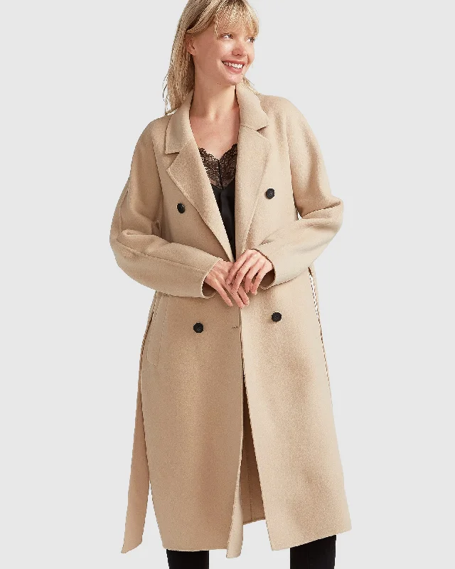 Simple And Comfortable Style Boss Girl Double-Breasted Lined Wool Coat - Pale Oat