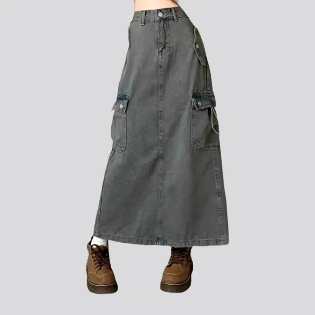 Rock Short Style Grey back-slit women's jean skirt