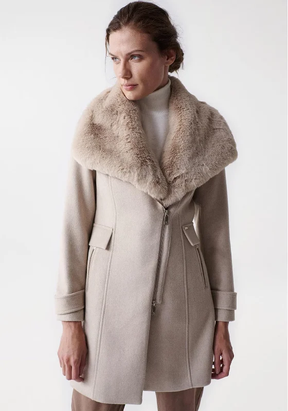 Gorgeous Shining Design Salsa Detachable Faux Fur Collar Coat, Beige