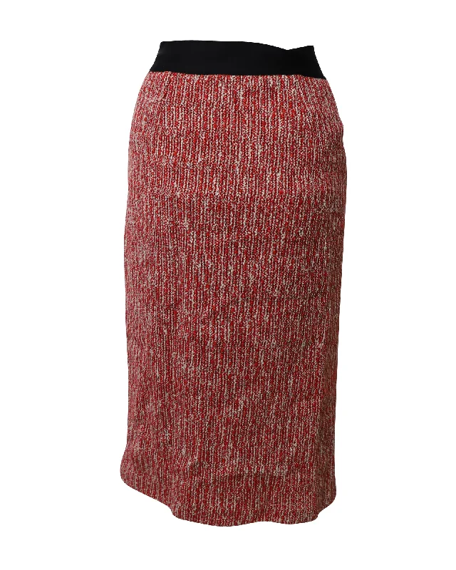 Sports Functional Style Maje Jivor Tweed Pencil Midi Skirt in Red Cotton